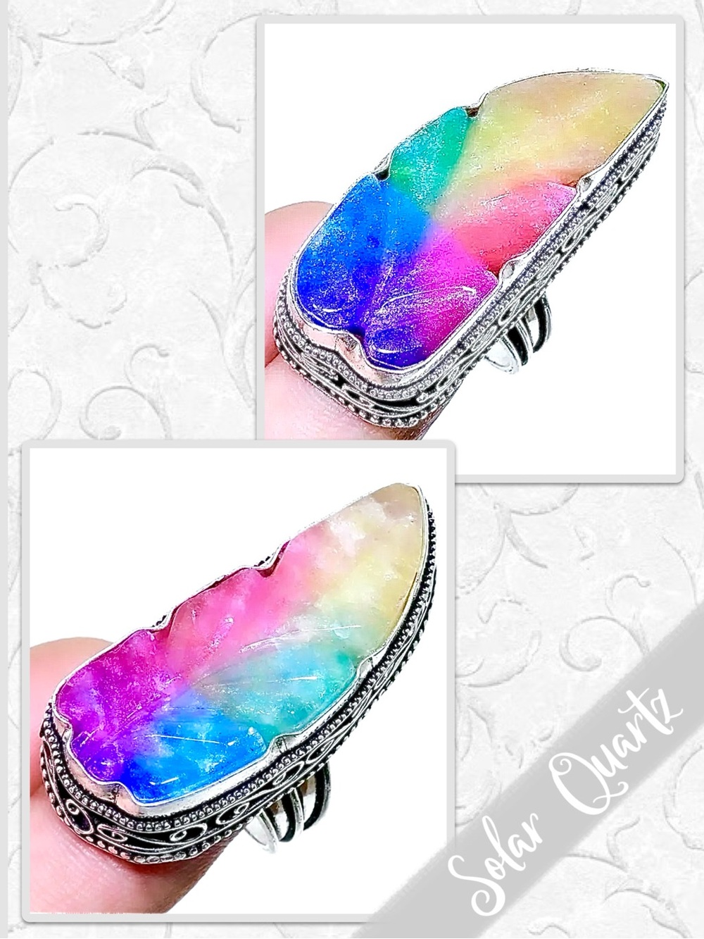 Rainbow Solar Quartz Carved Silver Feather/Leaf Ring (Blue, Mint, Yellow, Pink)